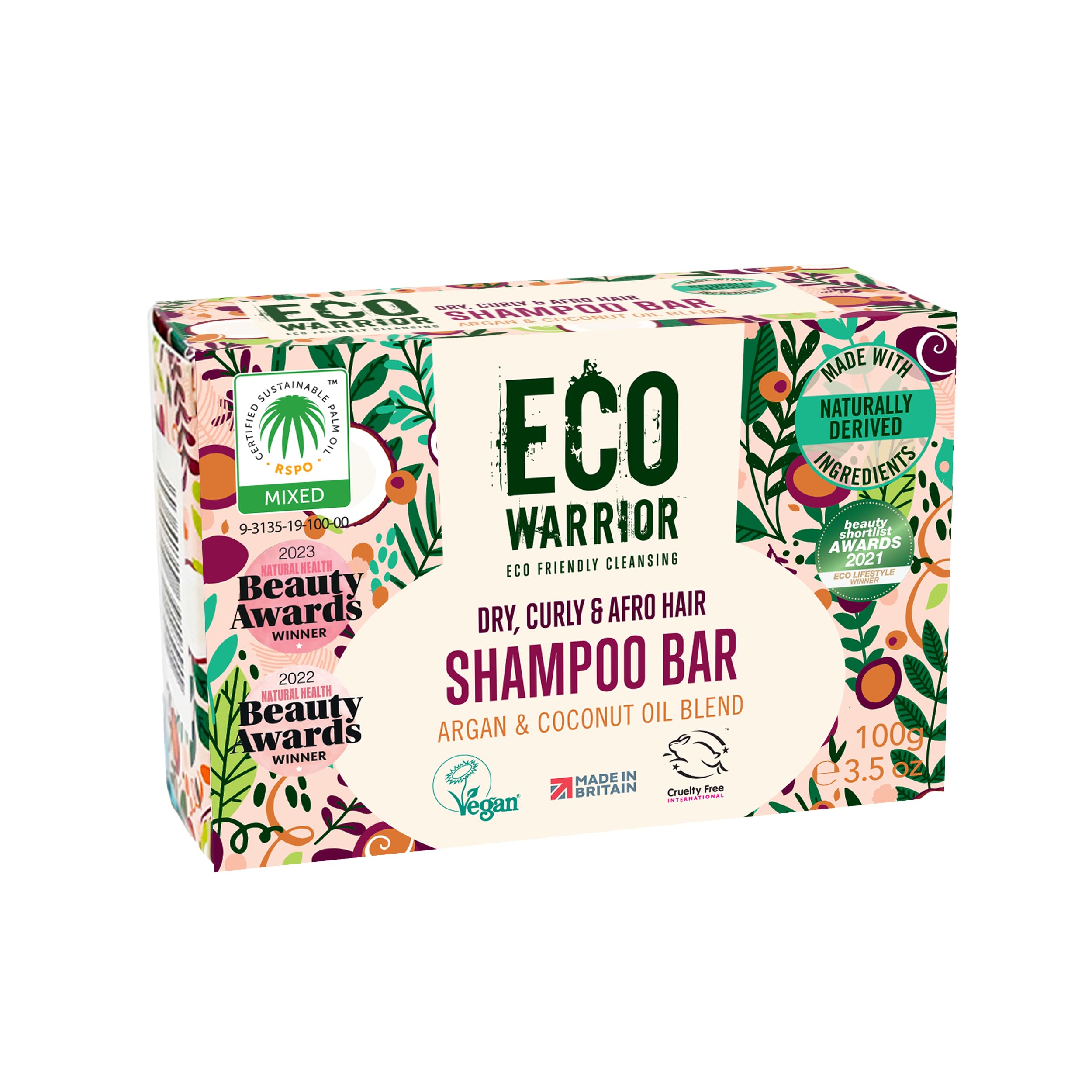 Eco Warrior Dry Hair Shampoo Bar, 100g | Vegan, Cruelty-Free, Eco Friendly, Natural Shampoos | No SLS or Parabens | Mositurising Argan & Coconut Essential Oils with Marshmallow & Vanilla for Hair Care — image 1