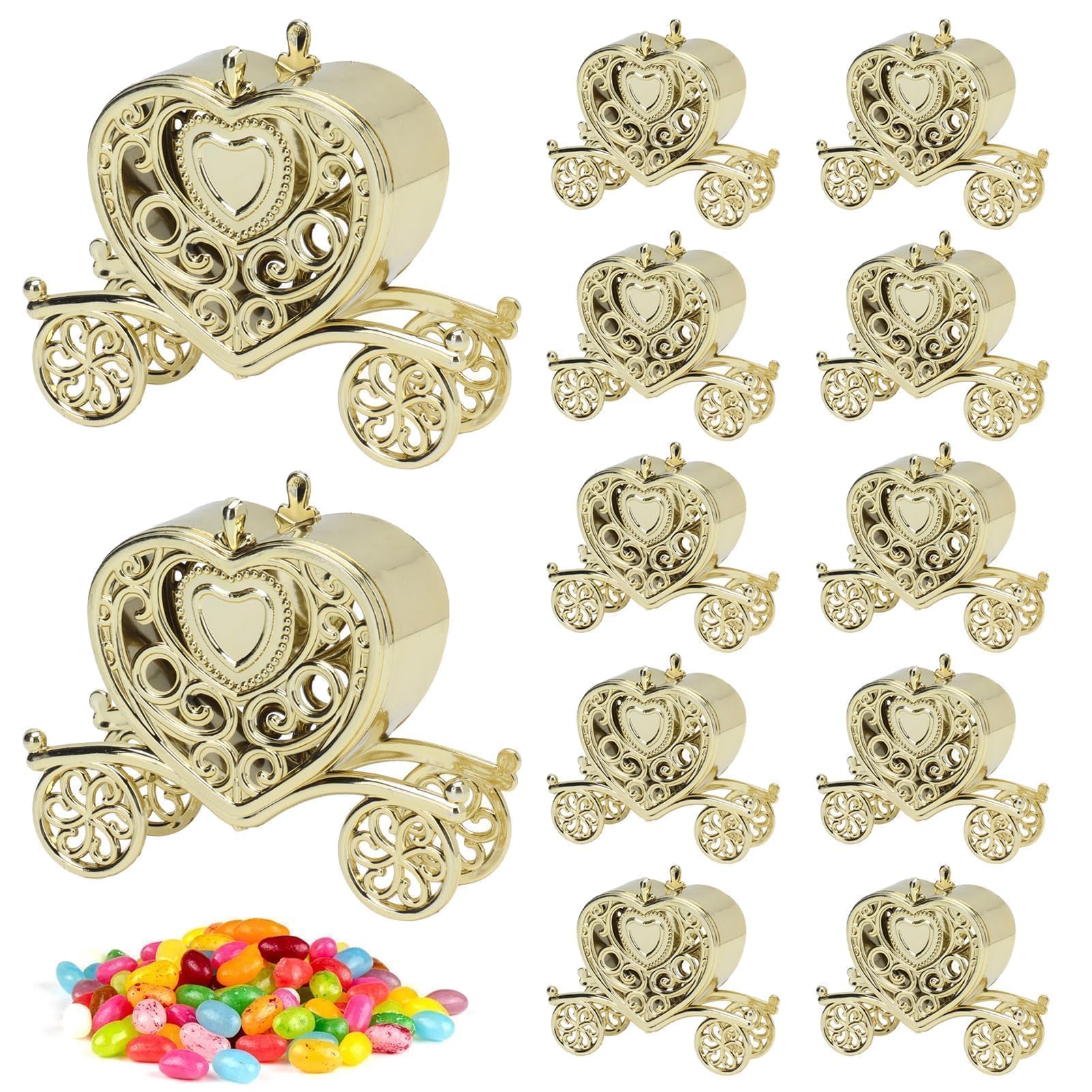 Photo 1 of Pumpkin Carriage Gift Boxes - 12pcs Fillable Candy Containers, Cute Candy Cases for Weddings, Baby Showers (Gold)