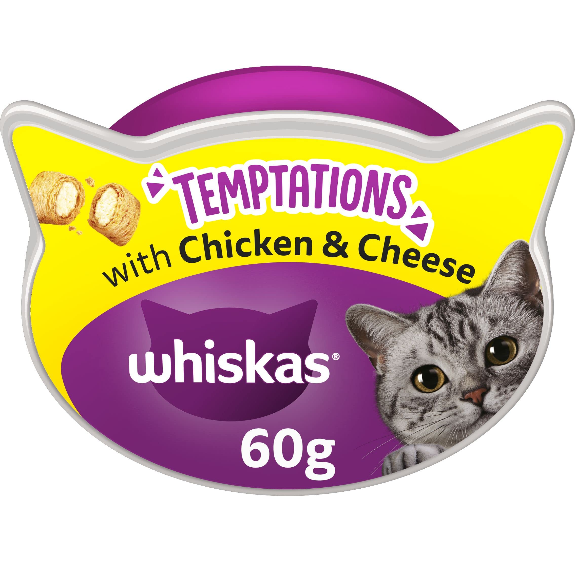 Whiskas Temptations 8 Packets, Tasty, Crunchy Treats for Adult Cats, bite size Snacks with a delicious Chicken & Cheese Filling, Pack of 8 (8 x 60 g) โ image 1
