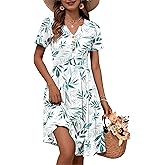 WNEEDU 2026 Summer Dress for Women V Neck Button Down Elastic Waist Sundress Casual Short Sleeve Midi Dresses with Pockets