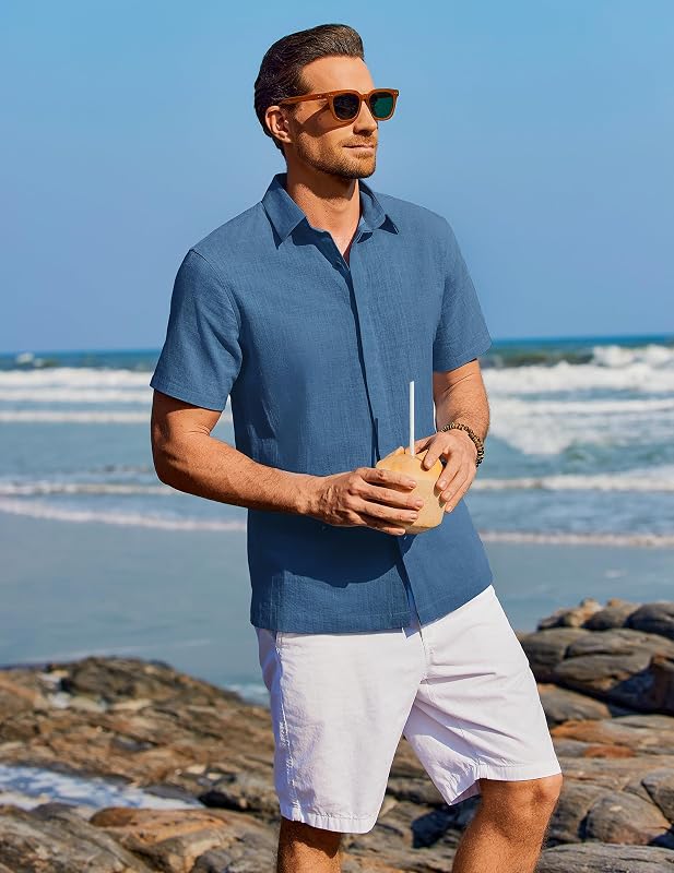 Camisa Hombre Manga Corta Verano 100% Algodón Camisas Hombre Casual Regular Fit Azul Marino XL