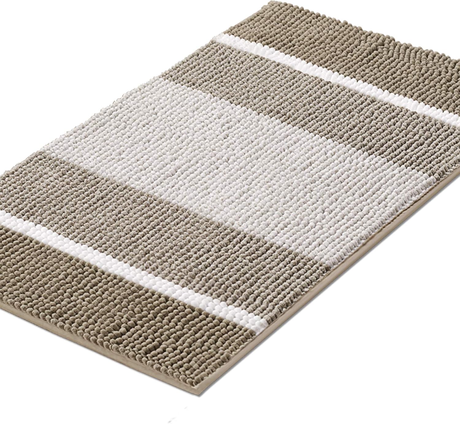 Super Absorbent Tufted Chenille Rug with Non Slip Backing, Gradient Taupe Stripe Pattern Microfiber Bath Rug, Machine Washable Thick Bathroom Floor Mat for Tub Shower, (20×32 inch, Taupe): Home & Kitchen