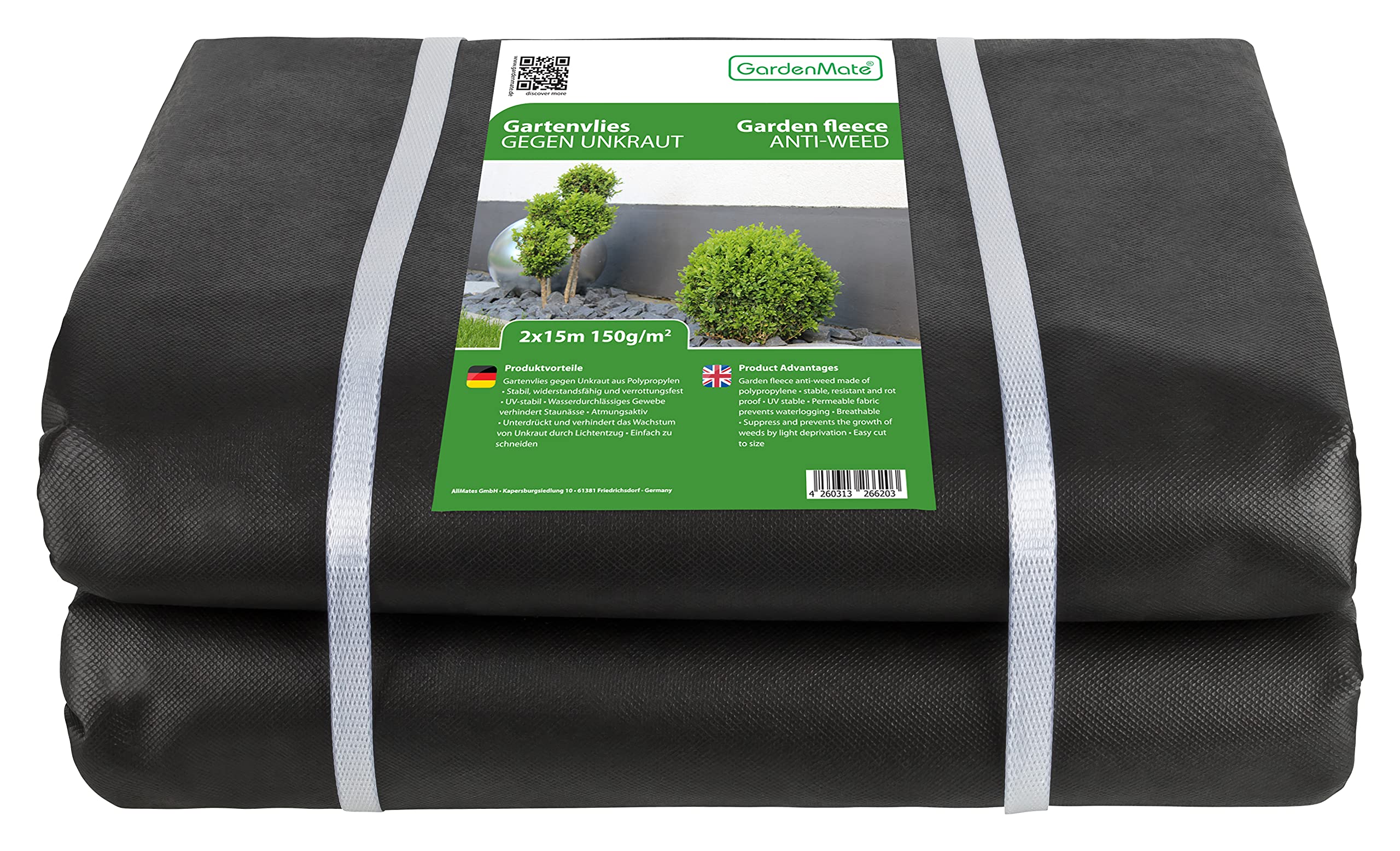 GardenMate 2m x 15m sheet non-woven weed control fabric - UV stabilised black 150gsm landscape ground cover membrane