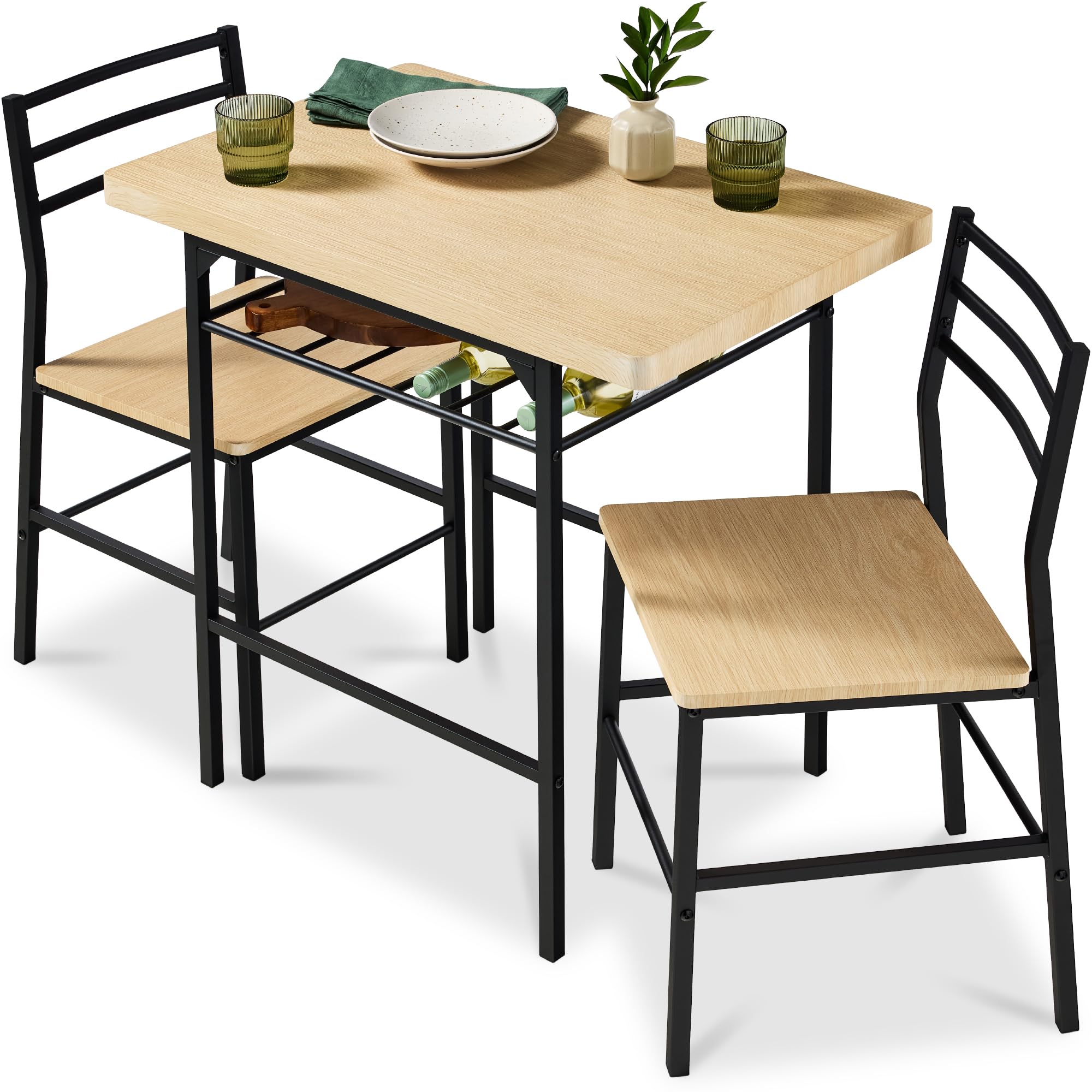 Best Choice Products 3-Piece Modern Dining Set, Space Saving Dinette for Kitchen, Dining Room, Small Space w/Steel Frame, Built-in Storage Rack - Natural/Black Image