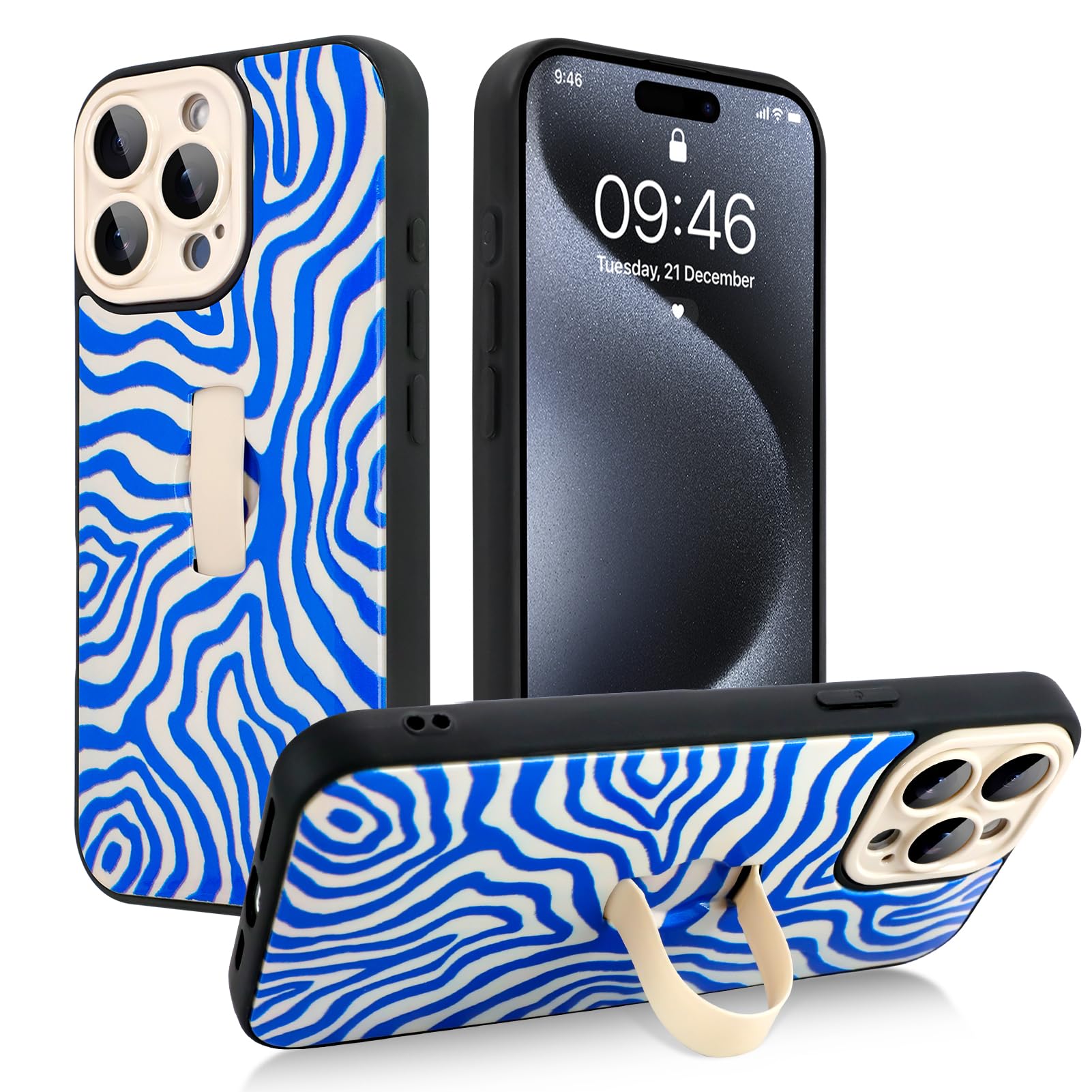 SAKUULO for iPhone 15 Pro Case with Finger Hand Strap Kickstand, Blue Ocean Waves Print Pattern Phone Case for Women Men, Strengthen Protection Cover, Blue Ocean Waves Print (6.1")