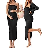 QUNISY 2 Piece Maternity Dress Cardigan Set, Strapless Bodycon Maxi Tube Dresses Long for Baby Shower Photoshoot Formal