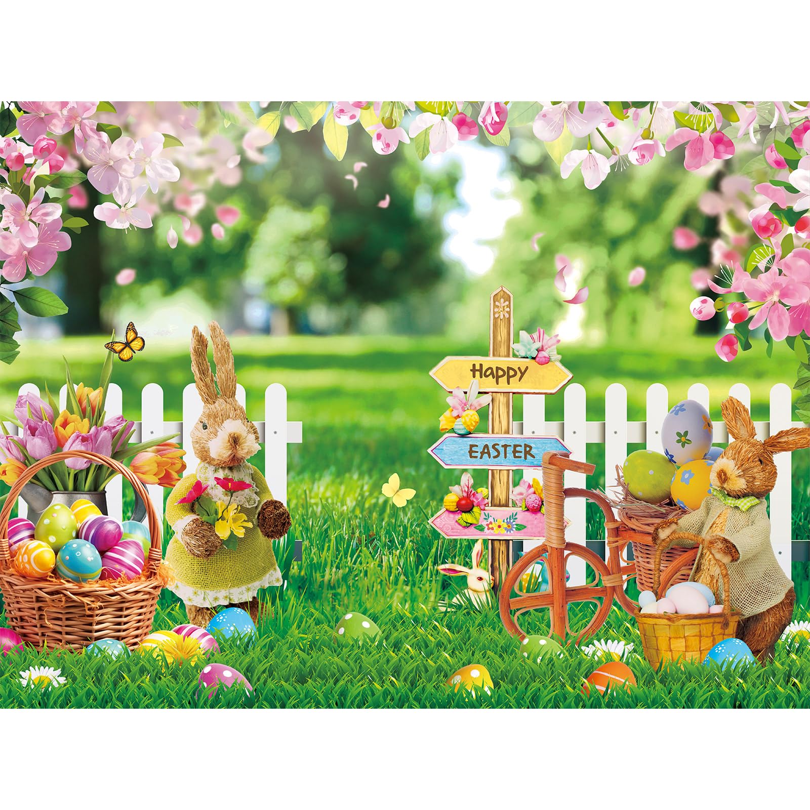 Photo 1 of FuWeave 8x6ft Spring Easter Photography Backdrop Easter Backdrops Colorful Eggs Flower Rabbit Stand Photography Background Party Supplies for Baby Kids Newborn Portrait Photo Booth Props (Garden)