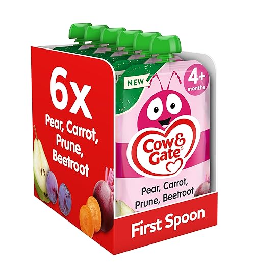 Cow & Gate Fruit Pouch Pear Carrot Prune & Beetroot Baby Food Snacks, 4+ Months, 100g (Pack of 6)