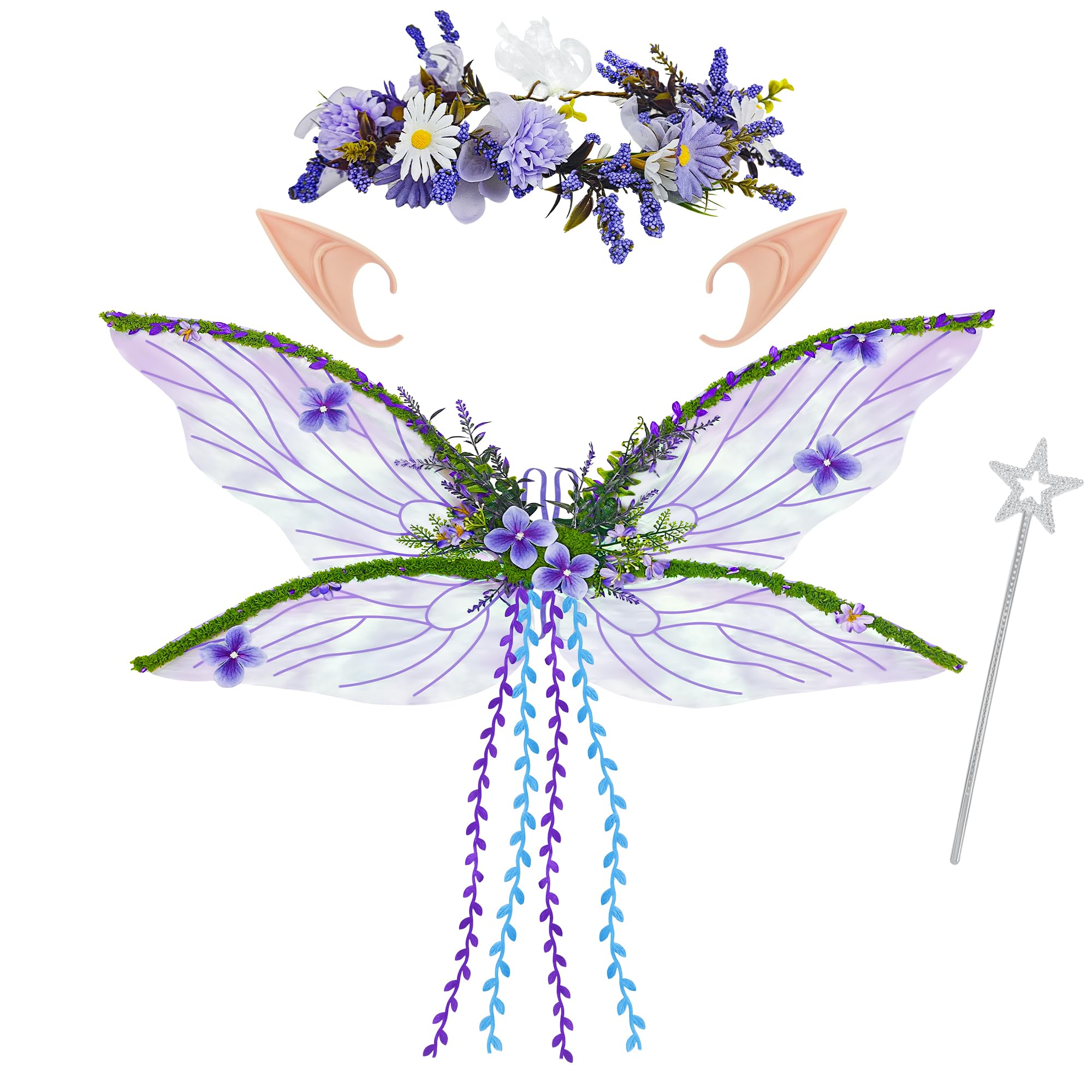 Vifcotlyp Fairy Wings Costume Set, Butterfly Wings Set with Elf Ears Flower Garland Wand Fairy Costume Accessories for Women Renaissance Halloween Cosplay