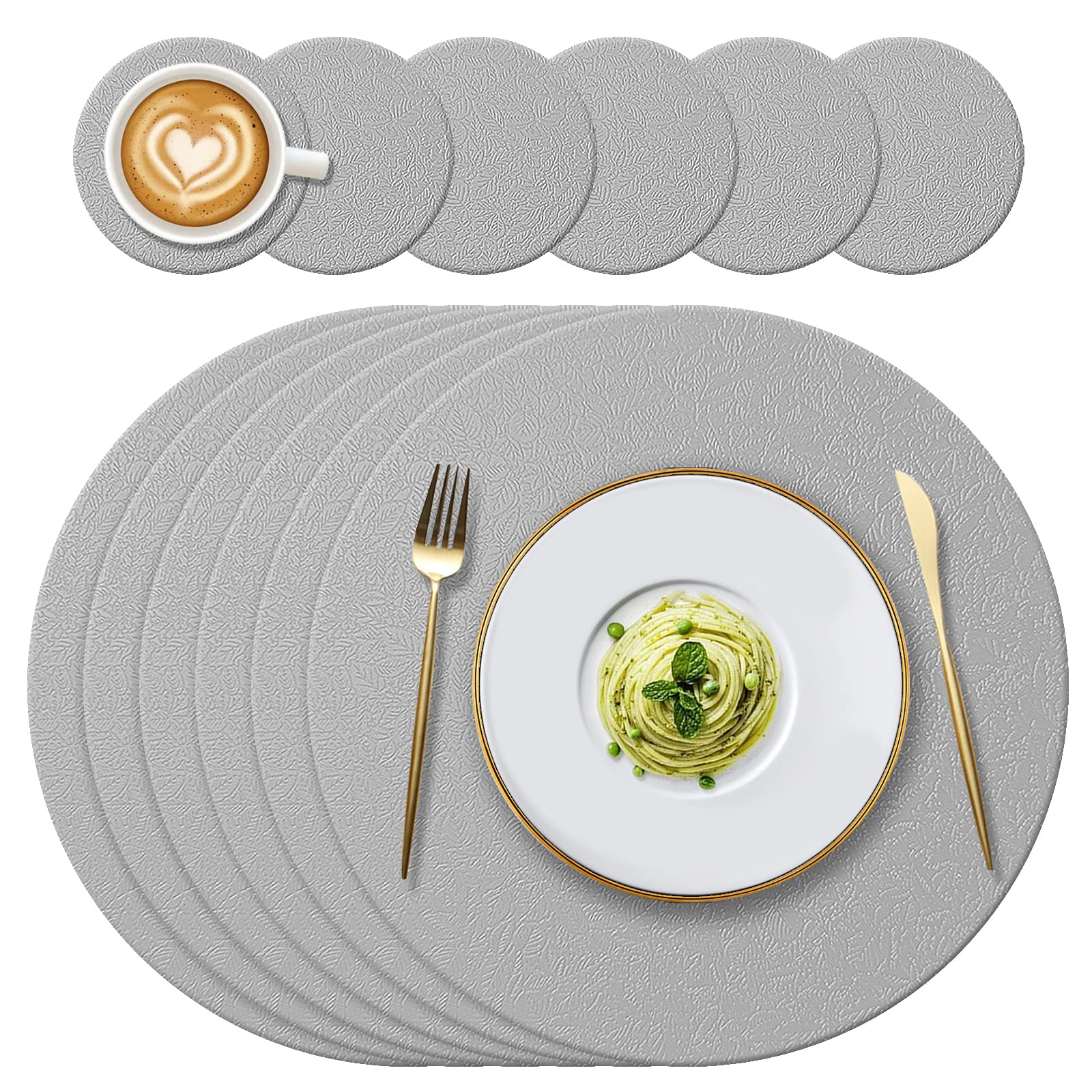 YUNJUER Round Silicone Placemats(34cm) and Coasters(10cm) Set of 6, Heat-Resistant 450 °F Placemats, Non-Slip and Washable, Table Mats for Home, Hotel, Kitchen, Restaurant, Dining Table, (Light Grey)