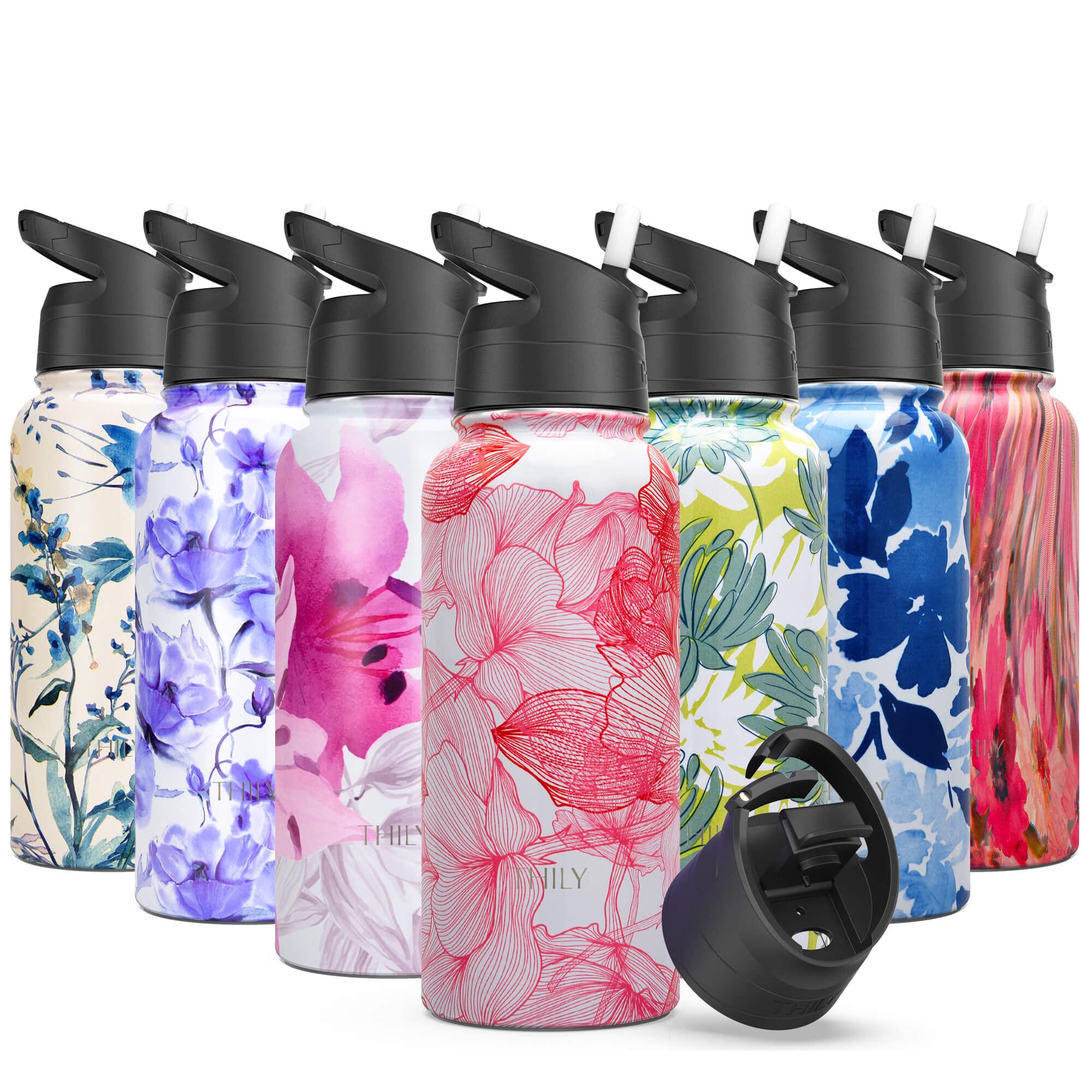 Stainless Steel Insulated Water Bottle - THILY Triple Insulated 945 ml Leakproof Wide Mouth Thermo Mug with Straw & Flip Lids, BPA Free, for Gym, Travel, Hiking, Red Lotus