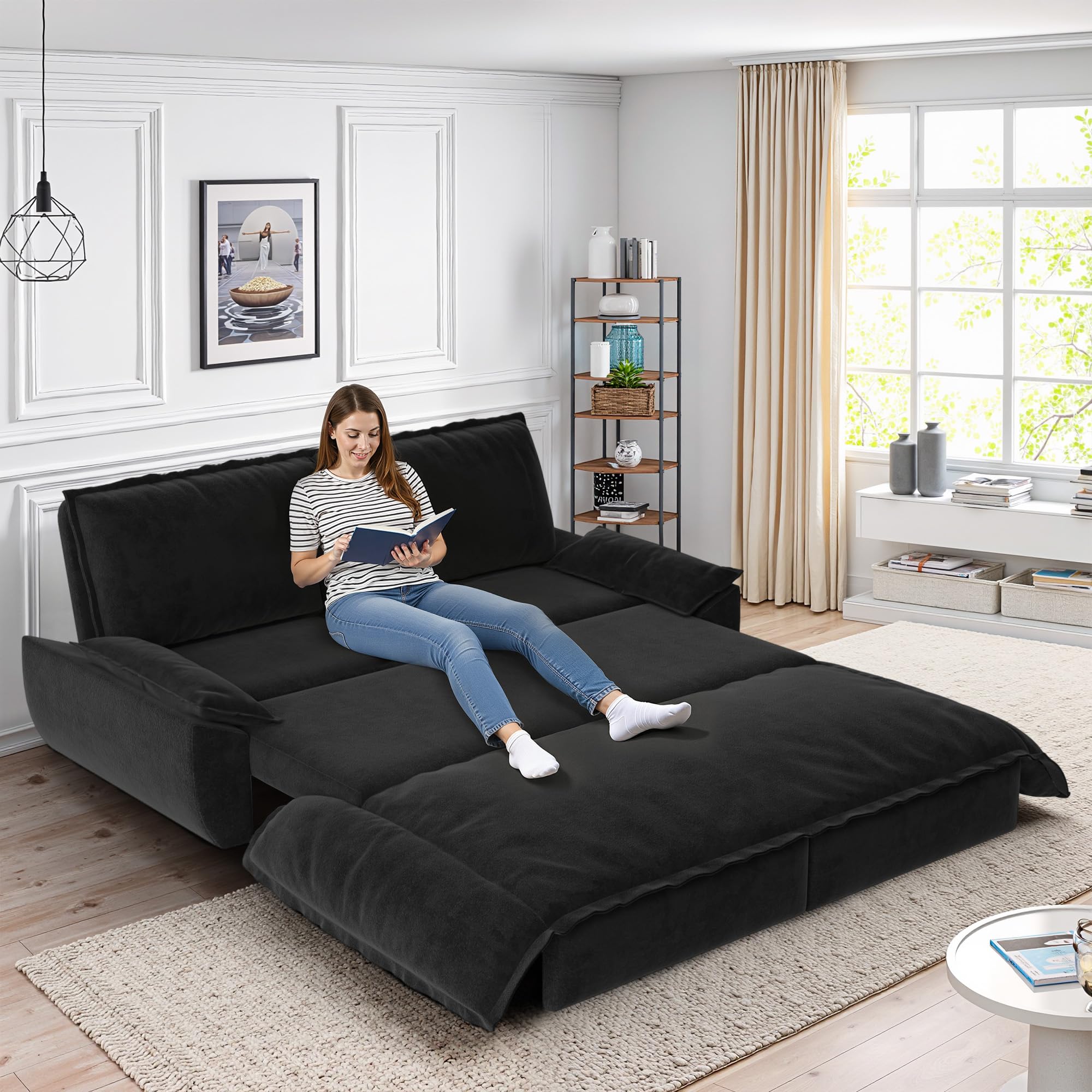 Photo 1 of Lyngins 73.2 Inch Queen Size Sleeper Sofa Bed, 3 in 1 Convertible Pull Out Couch Velvet Loveseat Sofa Couch Bed with Pillow 