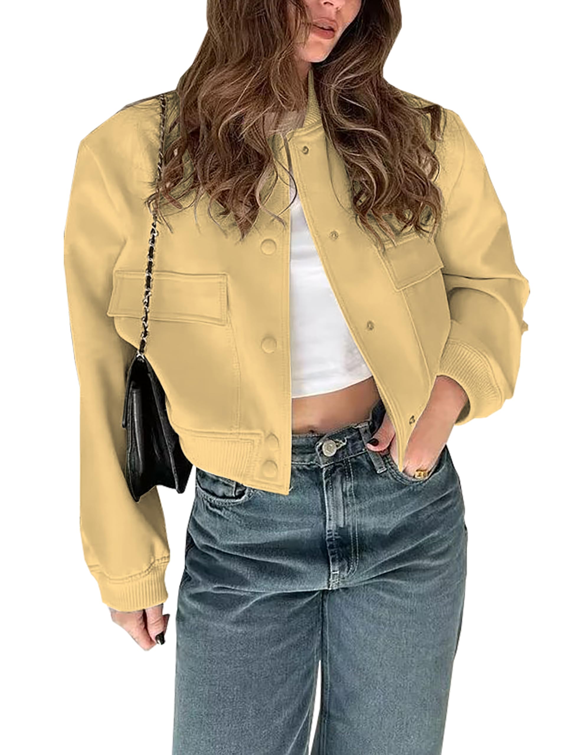Megfie Womens Cropped Bomber Jacket Button Down Varsity Jackets Shackets With Pockets(0394-Yellow-XS) Image Megfie Womens Cropped Bomber Jacket Button Down Varsity Jackets Shackets With Pockets(0394-Yellow-XS) Image