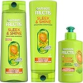 Garnier Fructis Sleek & Shine Shampoo, Conditioner + Leave-In Conditioer Set for Frizzy, Dry Hair, Plant Keratin + Argan Oil (3 Items), 1 Kit (Packaging May Vary)