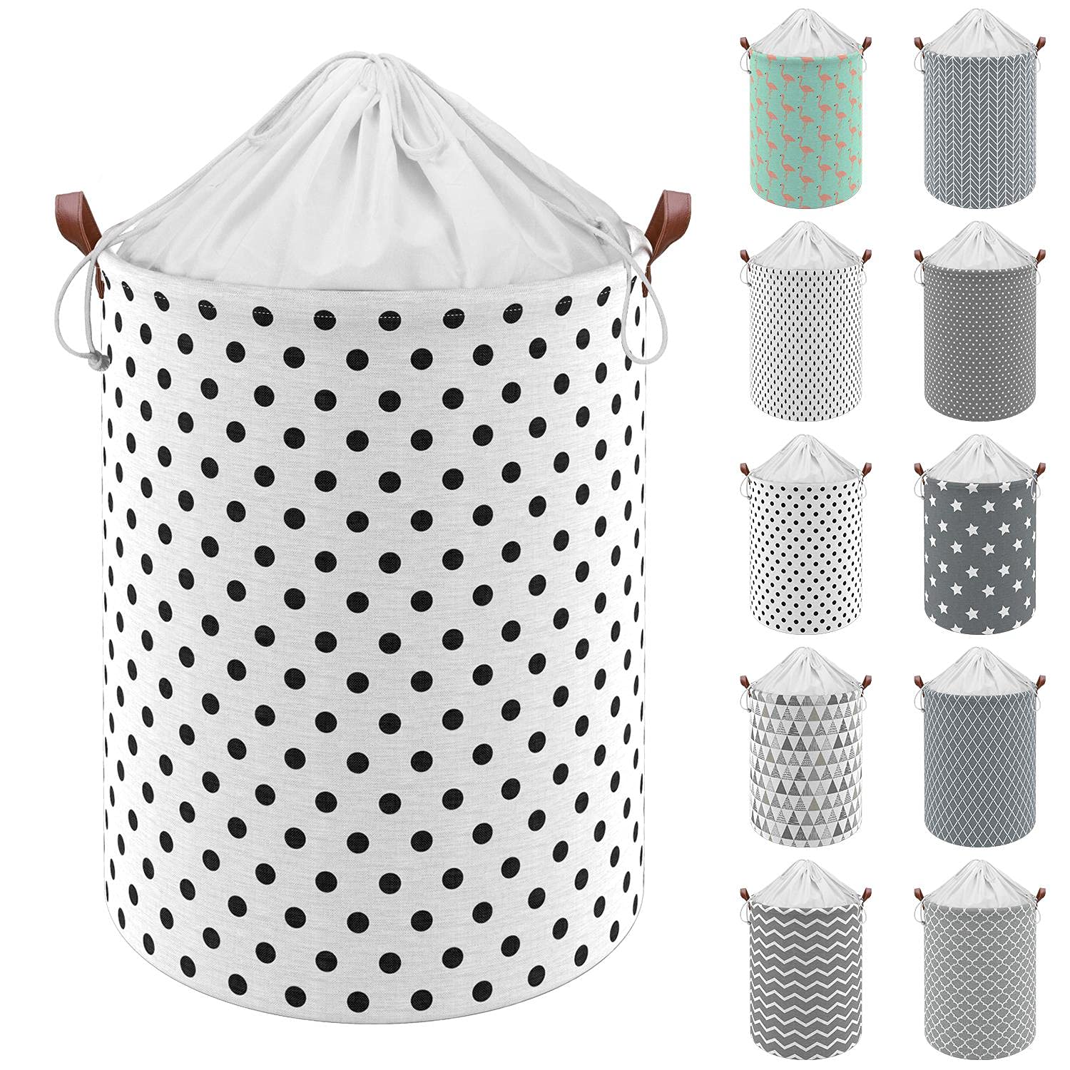 Vinsani 19.7” Freestanding Laundry Basket Storage Sorter with Drawstring Lid, Collapsible Thick Canvas Hamper Basket For Clothes, Toys, Blankets, Towels & other Bathroom and Bedroom Use – Polka Dots