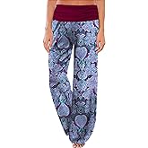Gracyoga Women's Comfy Pajama Pants Wide Leg Lounge Palazzo Yoga Pants Stretch Casual Floral Print Fold Waist Pants