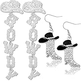 Opalaysria 2 Pairs Western Cowgirl Hat Earrings Set for Women Glitter Cowboy HOWDY Letters Drop Earrings Sparkly Rhinestone Cowboy Hat Boots Tassel Dangle Jewelry Set Country Concert Accessories