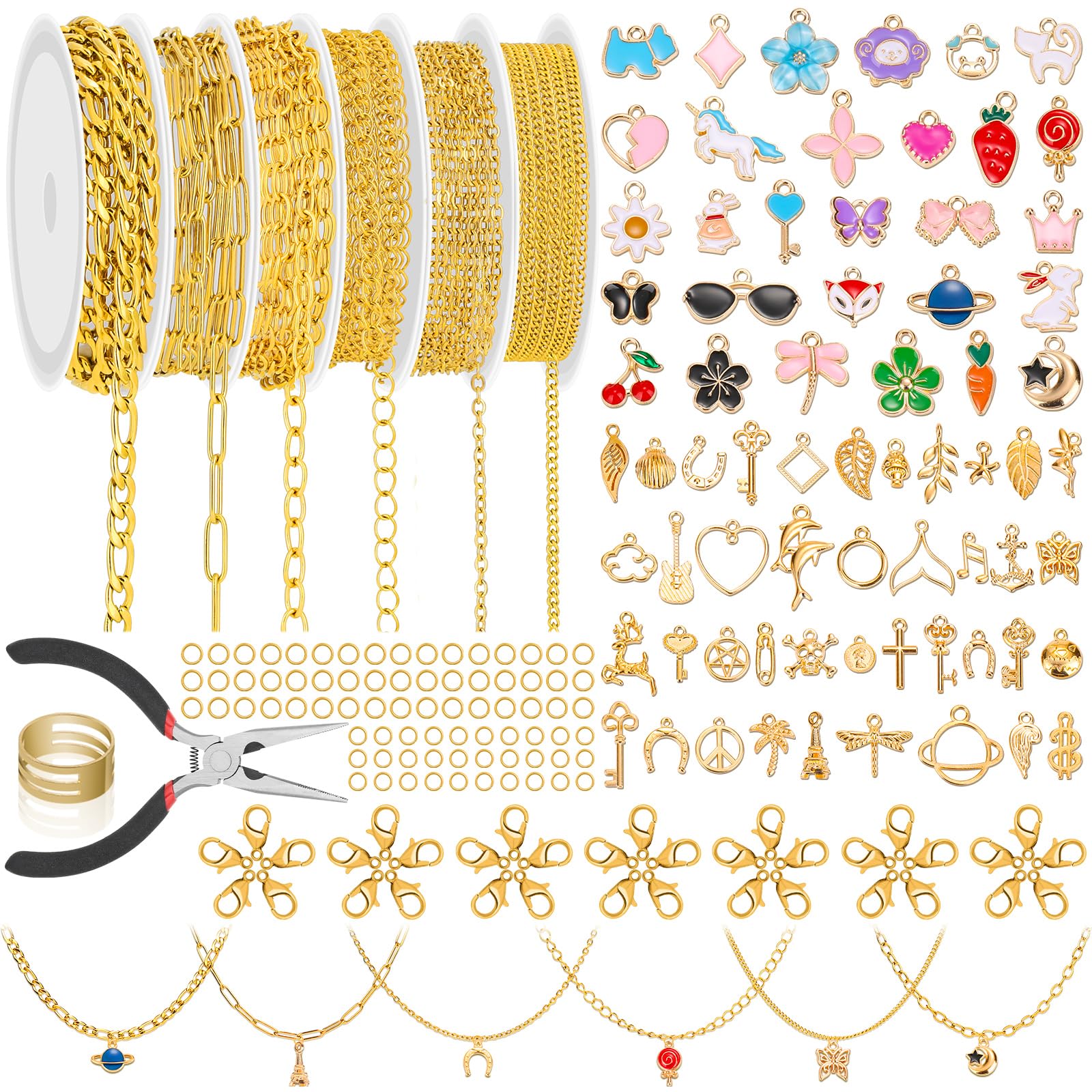 Photo 1 of 18K Gold Chain for Jewelry Making - 19.69 ft 6 Rolls Gold Plated Jewelry Chains, 304 Stainless Steel Necklace Chains with Charm Pendants Jump Rings Lobster Clasps Pliers for DIY Necklace Bracelet