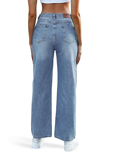 HDLTE Women Wide Leg Jeans Junior High Waist Baggy Jean Loose Boyfriends  Jeans Blue Washed