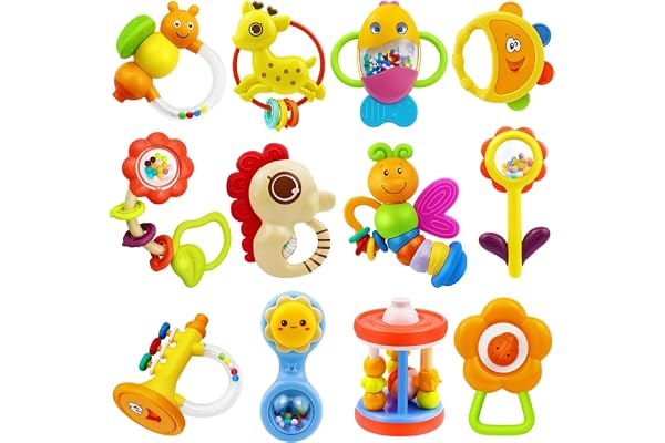 MOONTOY 12pcs Baby Rattles Set Teether Toys for Babies 0-6 Months Infant Baby Gifts Easter Basket Stuffers, Baby Toys 6-12 Mo