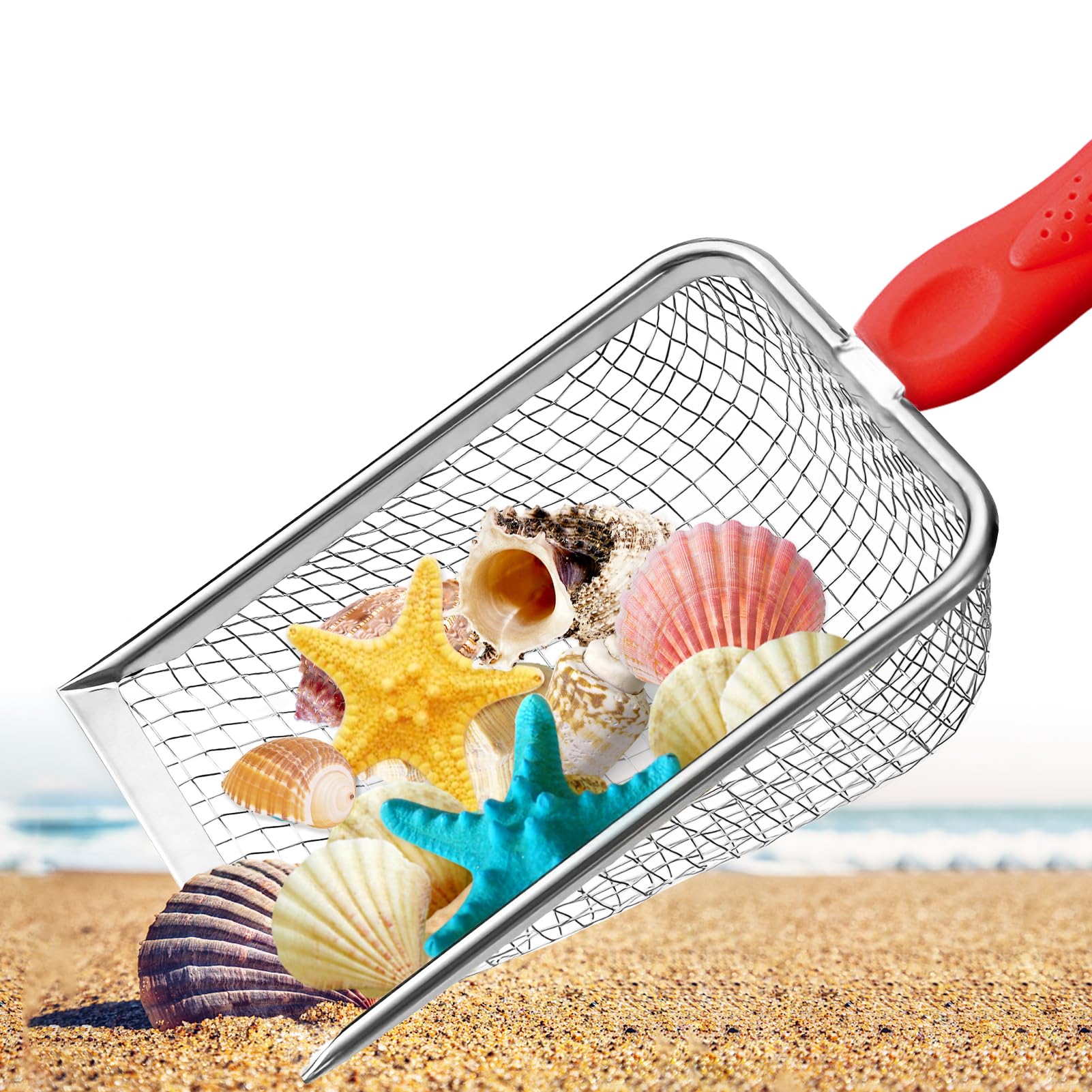 Apidgrowth Beach Mesh Shovel,Sand Sifter Tool for Shell Collecting with Durable Mesh Net - Kids Sand Scoop for Picking Up Shells - Beach Toys (Red)