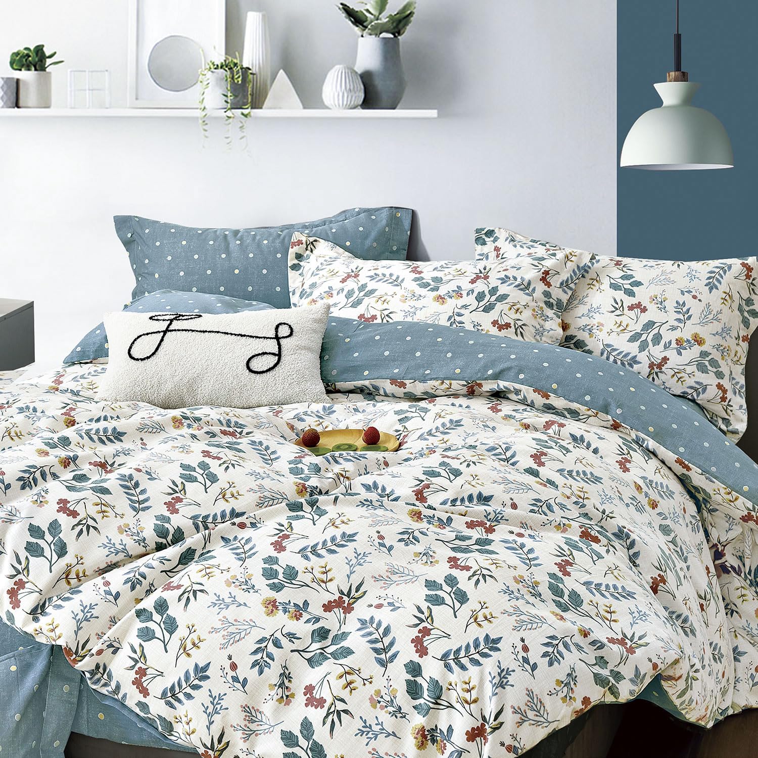 Photo 1 of ***MISSING PARTS***
LEMIROE Botanical Cotton Comforter King Size - Lake Green Comforter with Dusky Blue & Warm Rust Leaves on Ivory,Reversible Lightweight Bedding Sets 3Pcs(Polka Dot)