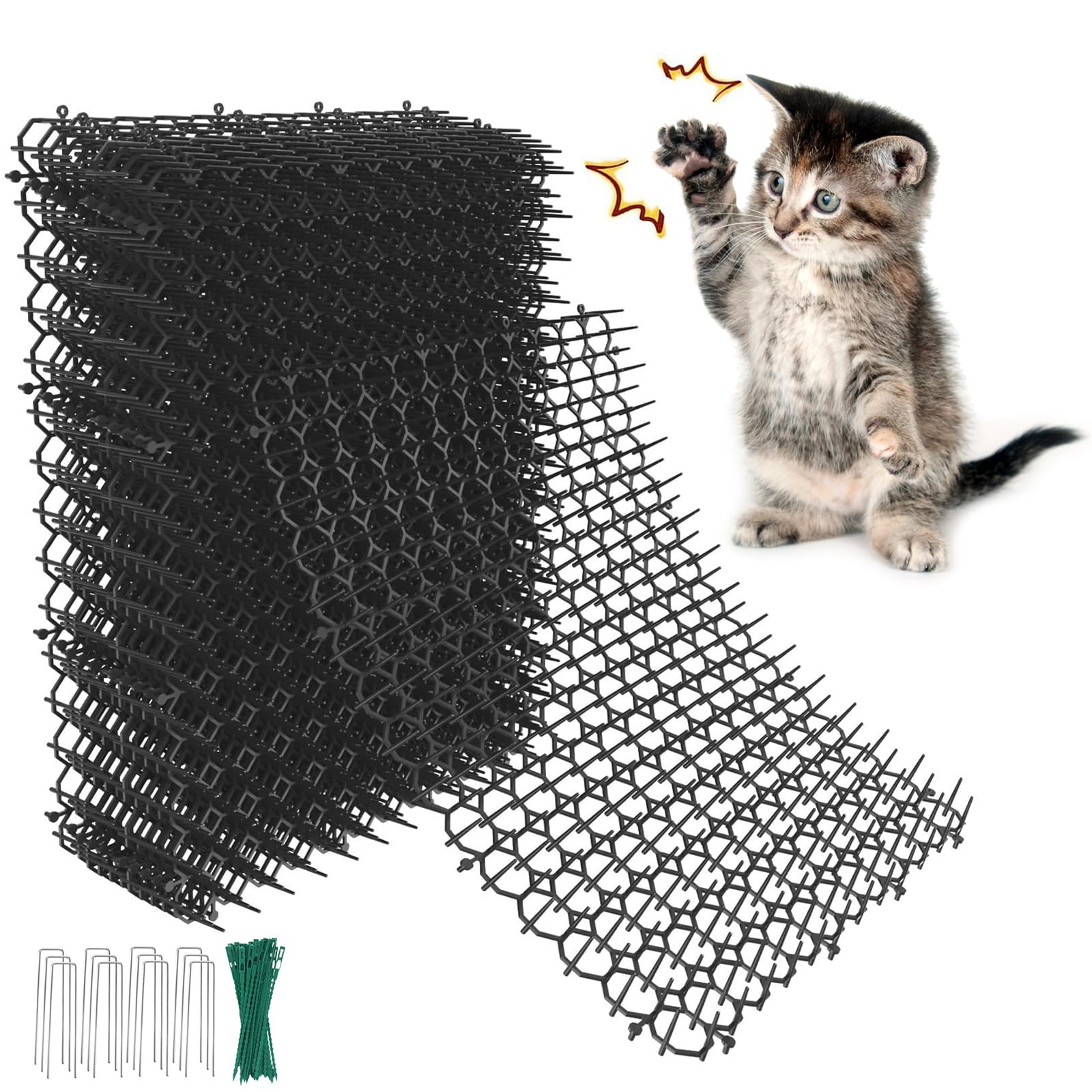 12 Pcs Anti Cat Spikes, 7.9x5.9" Plastic Cat Scat Mat with Spikes Anti Cat Mat Cat Garden Spikes, Cat Deterrents Net with 12 U-Shaped Pegs for Garden, Fence, Indoor & Outdoor