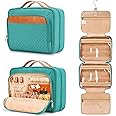 COOSKY Travel Hanging Toiletry Bag for Women, with Jewelry Organizer Compartment, Medium Waterproof Hanging Makeup Accessories, Cosmetic Essentials, Toiletries Dopp Kit Set with Trolley Belt, Blue