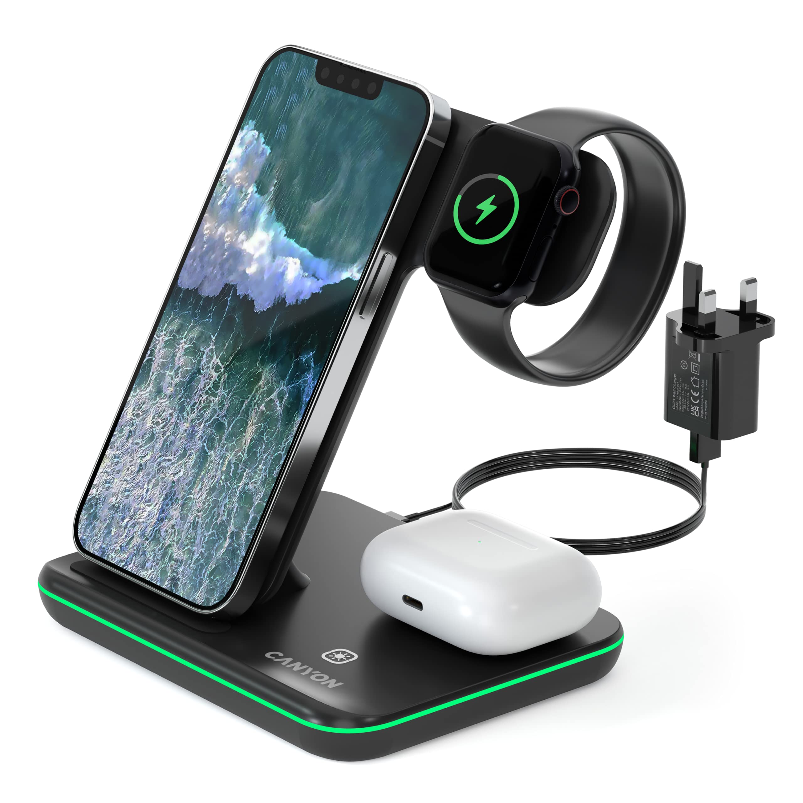 CANYON 3 in 1 Wireless Charger Compatible with iPhone Smart Watch, and Airpods Fast Quick Charge Station for Qi Devices Touch Control Backlight Desktop Charging System (Black)