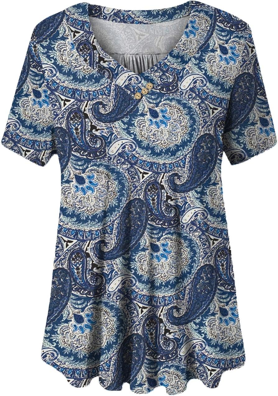 FOLUNSI Women’s Plus Size Short Sleeve Henley Shirt V Neck Floral Blouses Tunic Tops M-4XL