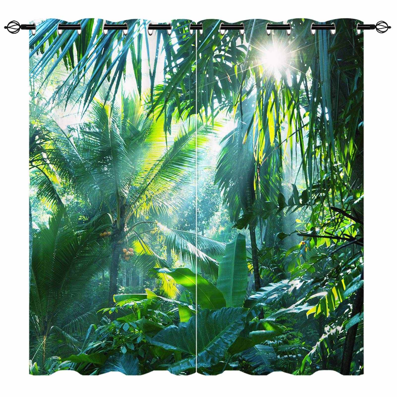 YUANZU Tropical Curtains, Rainforest Nature Jungle Wild Coconut Tree Plant Scenery Print Patterned Eyelet Thermal Insulated Blackout Window Drapes for Bedroom Living Room 2 Panels W117cm x D137cm