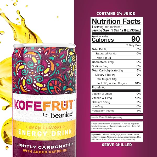 KOFEFRUT BY BEANIAC CAFFEINATED ENERGY DRINK, LEMON, LIGHTLY CARBONATED, REDUCED SUGAR, 80MG CAFFEINE, POLYPHENOLS, ANTIOXIDANTS, VITAMIN C, 12 FL OZ CAN (PACK OF 4)