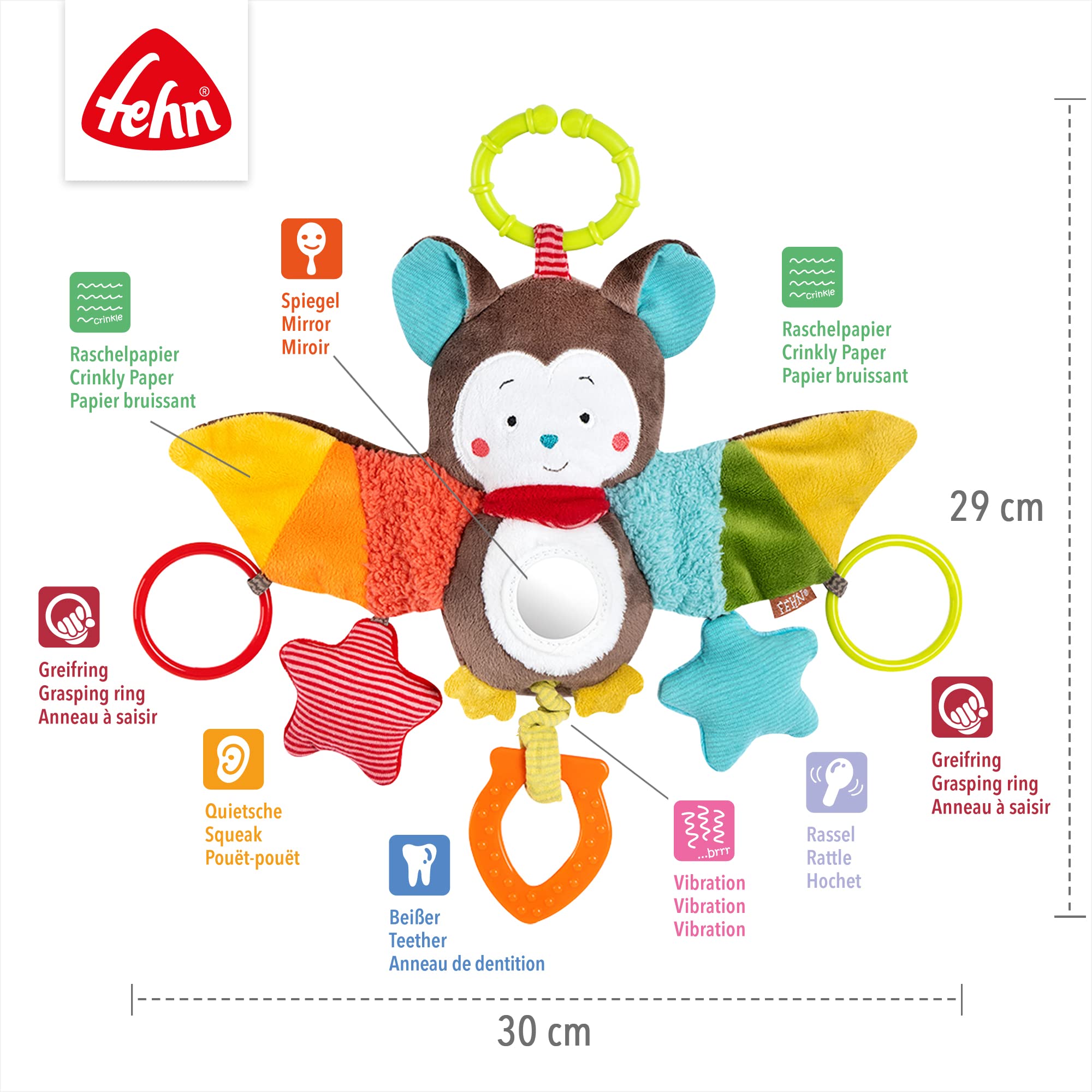 Fehn Activity-Spieltier Fledermaus – Baby Motorikspielzeug für Kinderwagen, Kinderbett und Babyschale zum Beißen, Greifen und Geräusche erzeugen - Beißring Spielzeug für Babys und Kinder ab 0+ Monaten 3
