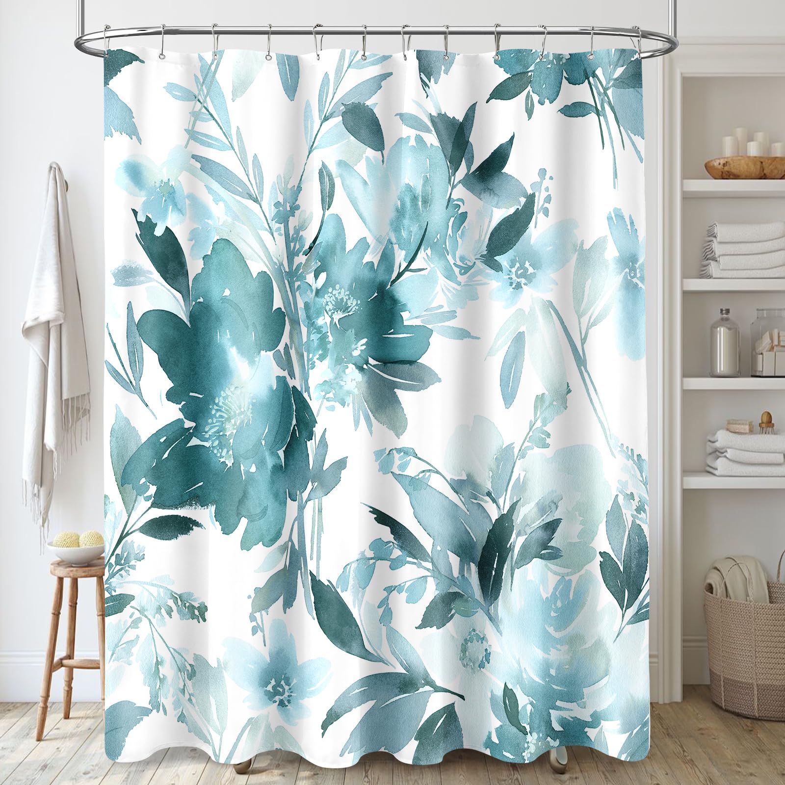 MAYZUS Teal Blue Floral Shower Curtain 60x72, Watercolor Flower Shower Curtain for Bathroom, Modern Abstract Ink Decorative Fabric Shower Curtain Set with Hooks