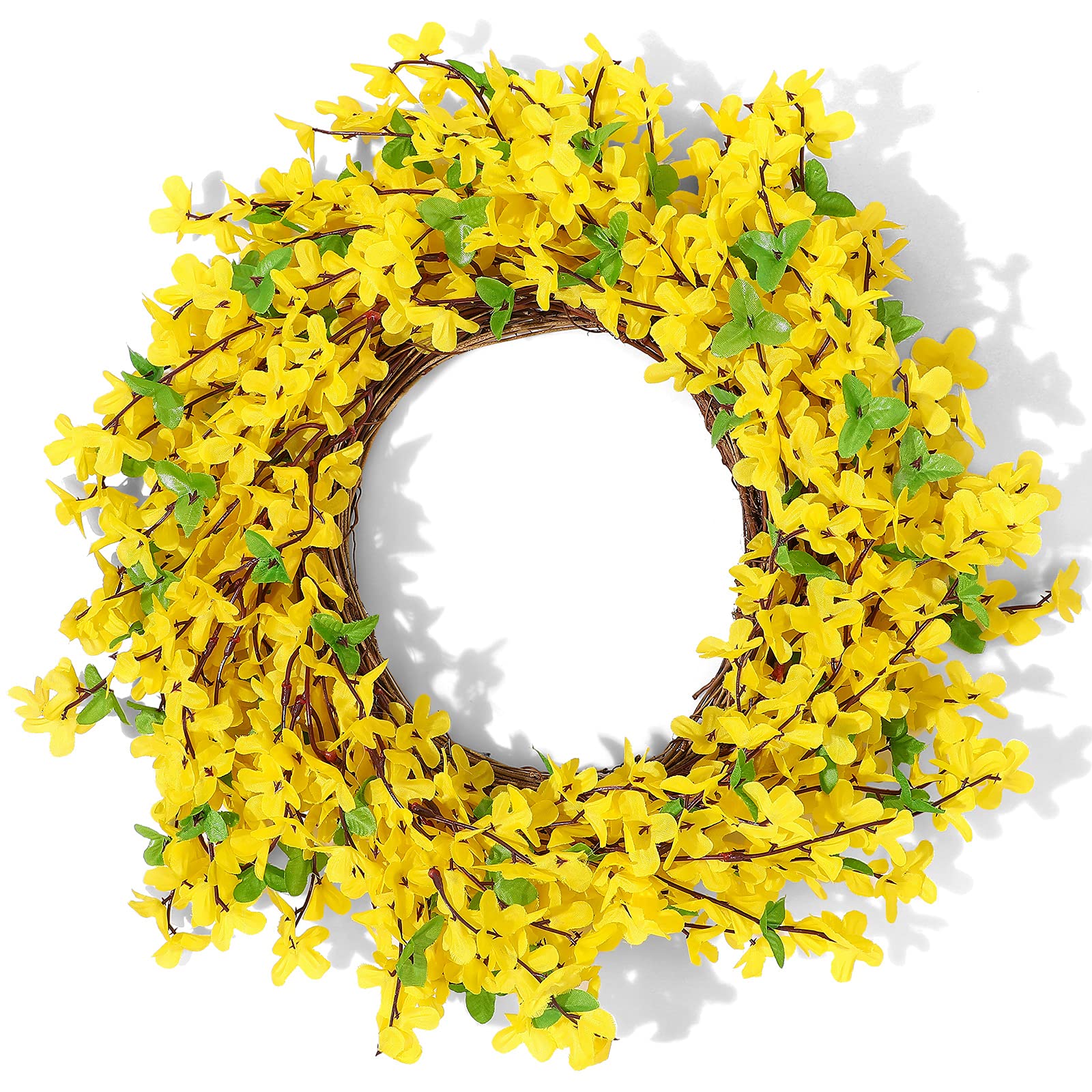 WILLBOND Yellow Forsythia Door Wreath 18 Inch Artificial Handcrafted Wreath Summer Front Door Decor Seasonal Door Accent for Many Rooms