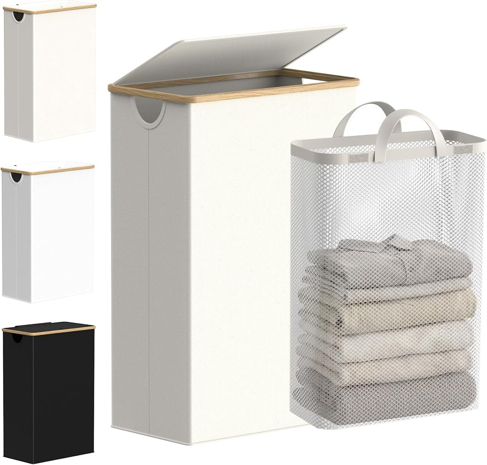 efluky Slim Laundry Basket with Lid 63L Narrow Foldable Beige Linen Bamboo