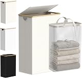 efluky Slim Laundry Basket with Lid 63L Narrow Foldable Beige Linen Bamboo