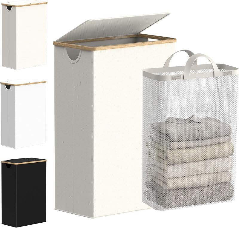 efluky Slim Laundry Basket with Lid 63L Narrow Foldable Beige Linen Bamboo