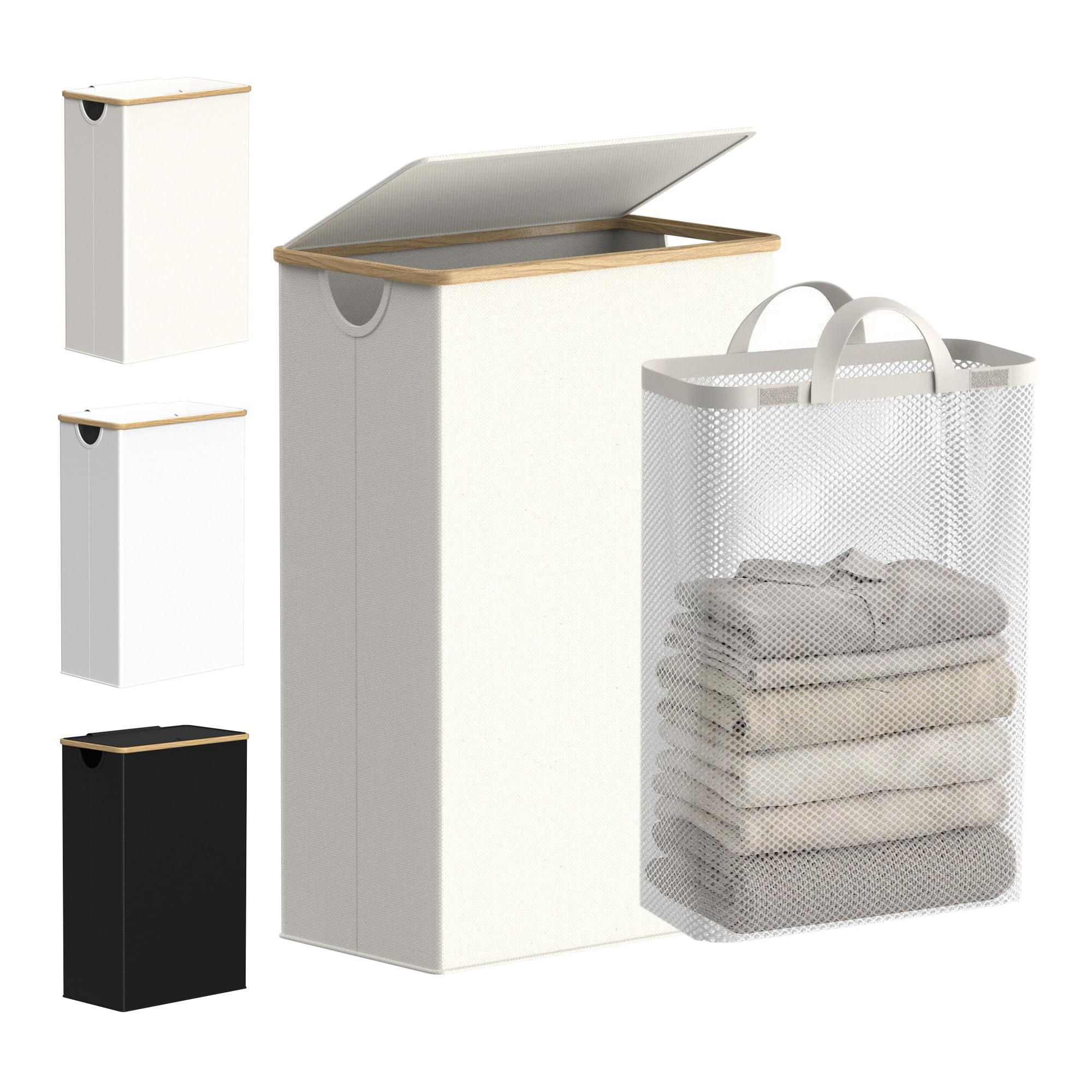 efluky 75L Slim Laundry Baskets with Lid, Collapsible Laundry Hamper with Removable Bag, Small Slimline Washing Basket for Dirty Clothes, Cloth Storage Basket (Beige, Slim 75 Litres)