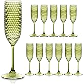 SKLENICE Plastic Champagne Flutes Champagne Glasses Unbreakable Wedding Toasting Glasses Reusable Diamond Wine Glasses Crystal Clear Party Wine Cups Vintage Drinking 5.5 OZ for Wedding (12, Green)