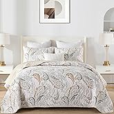 WONGS BEDDING Boho Quilt Set Queen,Beige Paisley Floral Pattern Bedspread Coverlet Set with 2 Pillowcases,Lightweight Microfiber Bohemian Quilt Bedding Set 96"×90"