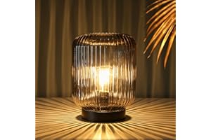 LUSHARBOR Battery Operated Table Lamp, Cordless Table Lamps for Home Decor, Battery Powered Nightlight with LED Bulb, Decorative Glass Beside Lamp for Bedroom Living Room-Grey