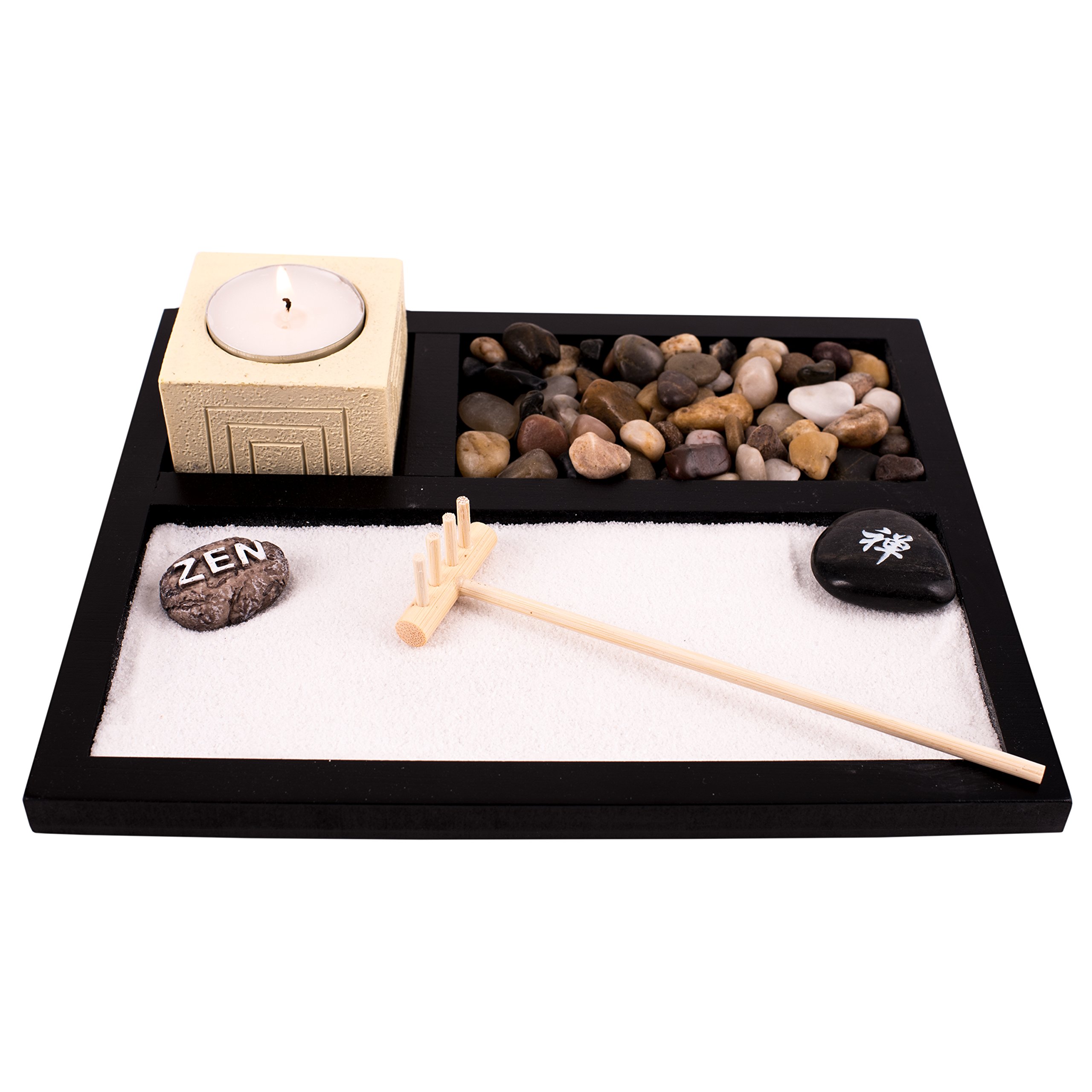 Deluxe Wooden Zen Sand Garden with Candle Holder, Candle, Rocks Sand