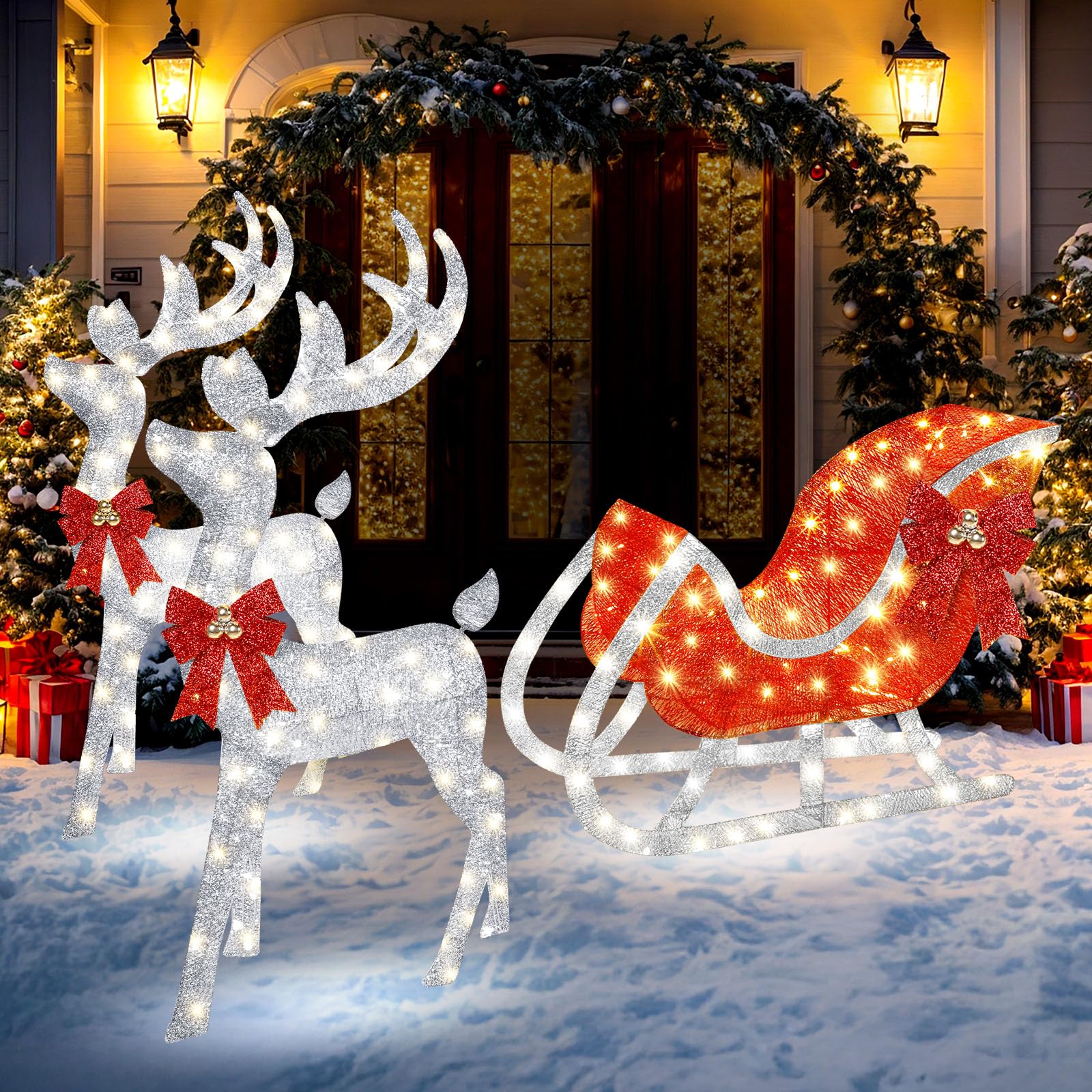 Photo 1 of Briwooody 3 Piece Lighted Christmas Reindeer and Sleigh 4 ft Reindeer and Sleigh Outdoor Decorations Yard Decorations with LED Lights and Bow Tie for Yard, Garden, Lawn Decoration(Silver,Metal)