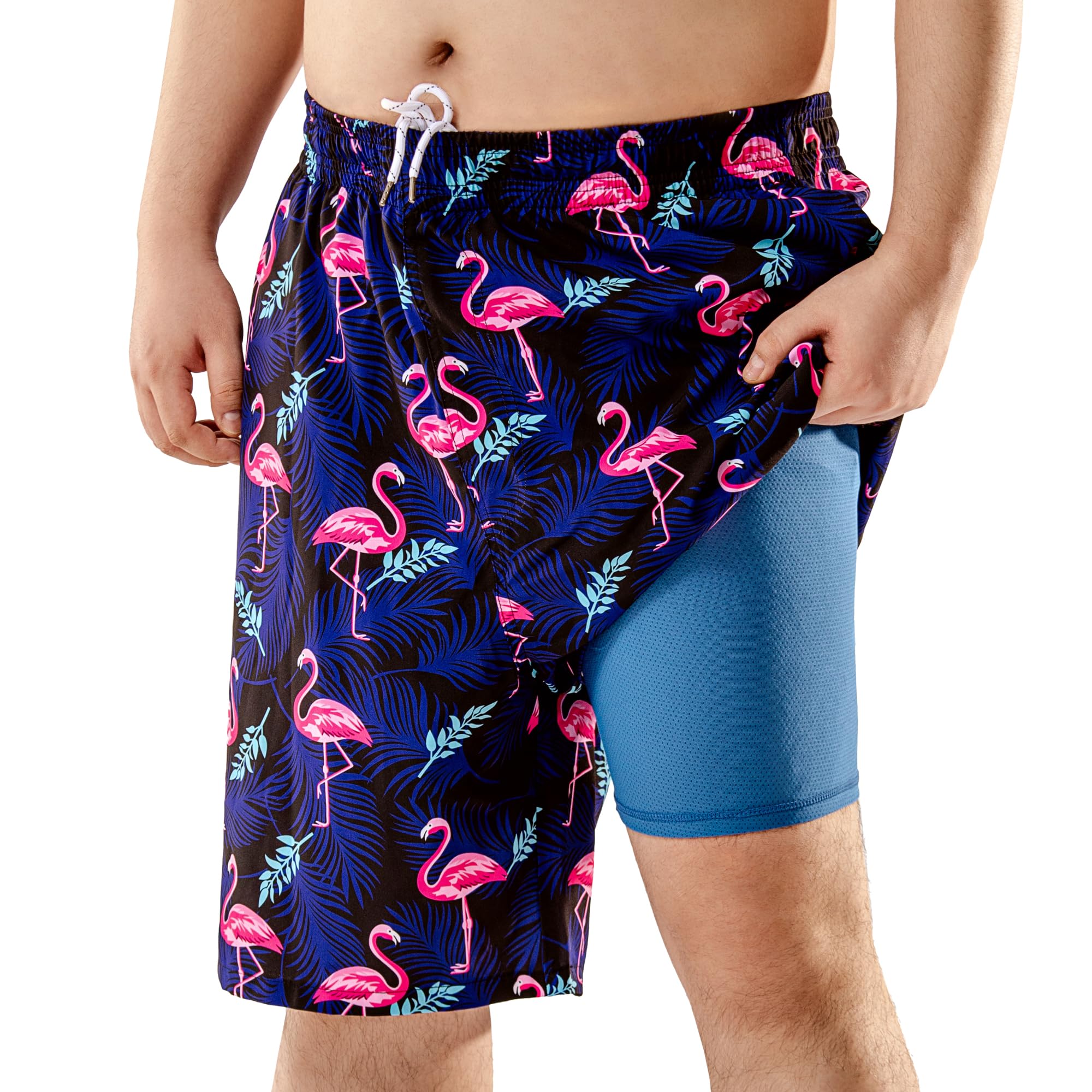 Photo 1 of BRISIRA Big and Tall Mens Swim Trunks with Compression Liner Swimsuit Bathing Suit Swim Shorts Board Shorts Quick Dry 1X-6XL Flamingo