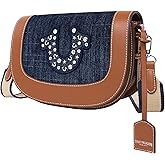 True Religion Studded Logo Flap Bag, Rhinestone Horseshoe Canvas Strap Shoulder Handbag, Denim