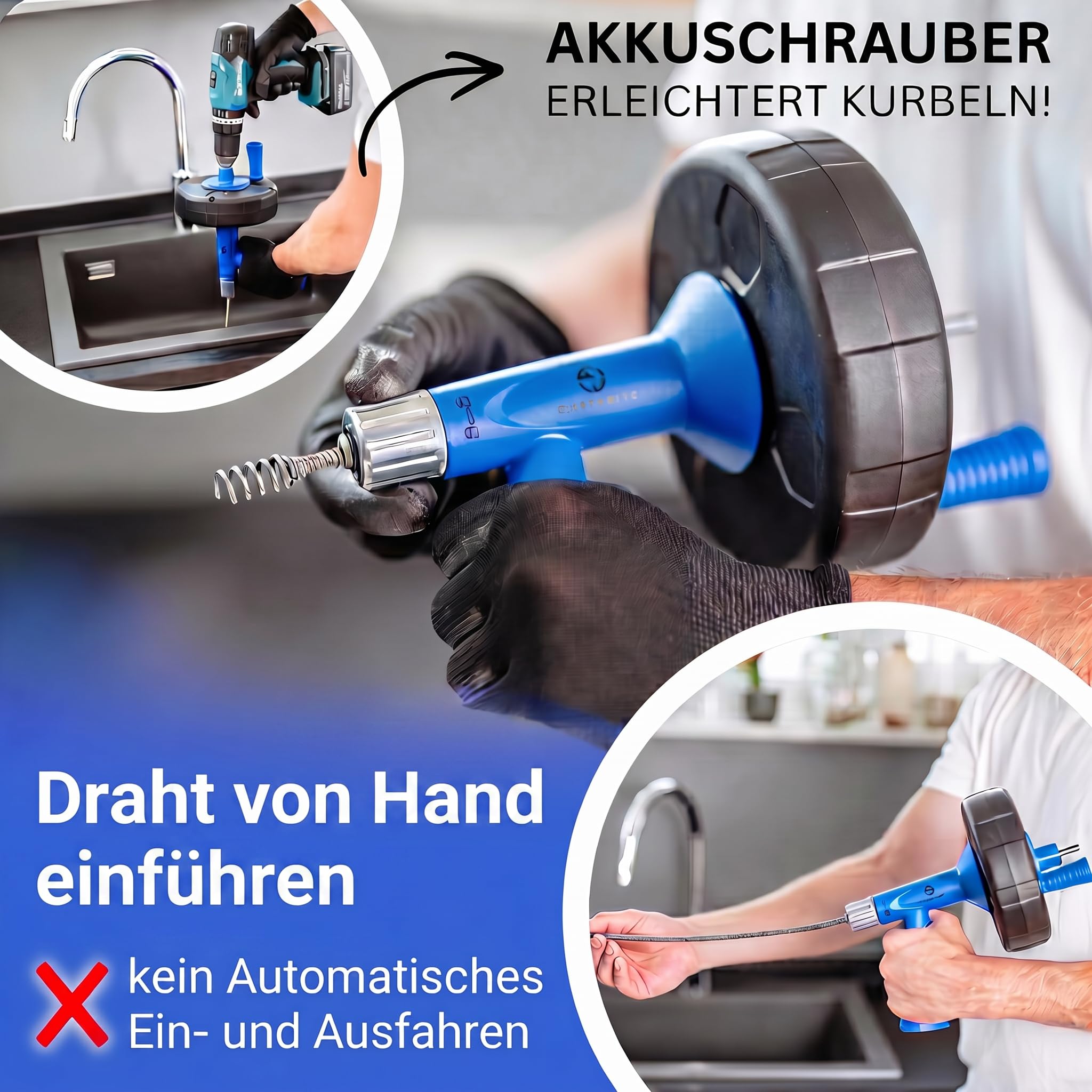 CLEVERWERK Rohrreinigungsspirale 7,5m[Spannfutter]Abflussreiniger Spirale 5