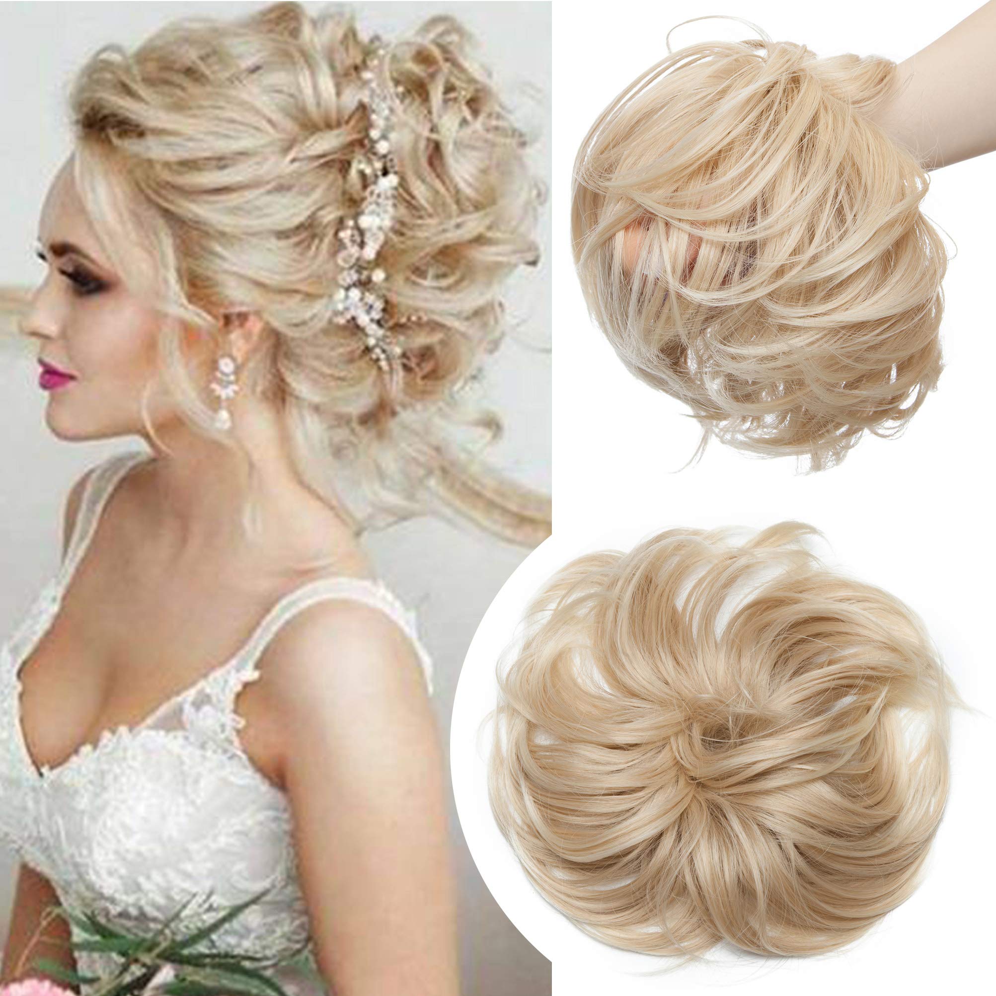 Large Messy Bun Scrunchie Hair Piece Elastic Updo Cover Hair Extension Instant Ponytail Curly 80g 1pc Tousled Synthetic Hairpiece Thick Hair Donut Brown Blonde Highlight