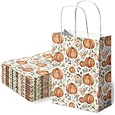Whaline 24Pcs Fall Floral Pumpkin Gift Bags with Handle Watercolor Rustic Autumn Flower Pumpkin Paper Party Favor Bags Treat Goodie Bags for Thanksgiving, 5.9 x 8.3 x 3.1 Inch