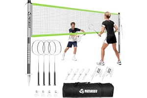 Patiassy Badminton Set for Backyard, Portable Badminton Net with 4 Badminton Rackets, 4 Nylon Shuttlecocks and Carry Bag, for Lawn Beach Family Games (Green)